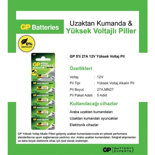 Gp 27A 12V İnce Alarm Pili 5'Li Paket - 3