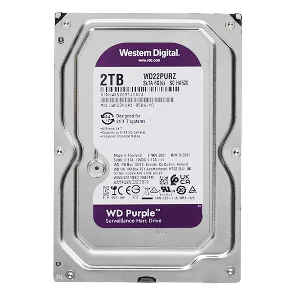 Western Digital Purple WD22PURZ 2 TB Sata 6GB-S 7-24 Güvenlik Harddisk Pc Bilgisayar Dvr Kamera Hard Diski