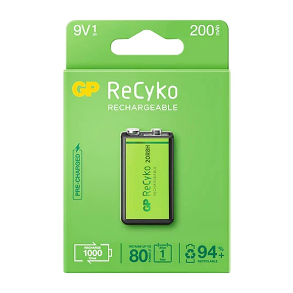 GP RECYKO 9 VOLT - 200 MAH NI-MH ŞARJLI PİL GP20R8H-2E1-(GPRHV208R075) - 3