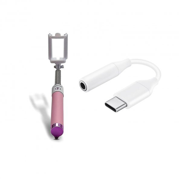 Philips 2023 Yeni Type-C to 3.5mm Jack Dönüştürücü 270 Derece Dönebilen Premium Selfie Çubuğu Pembe - 2
