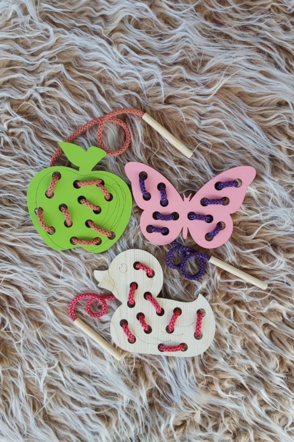 3lü Set  Eğitici Ahşap İp Geçirme Oyunu - 3