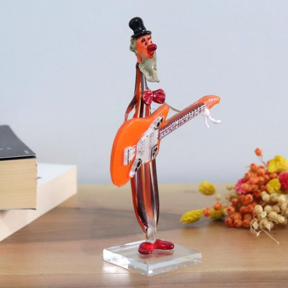 Veraart El Yapımı Murano Cam Turuncu Gitar Çalan Palyaço Biblo - 2