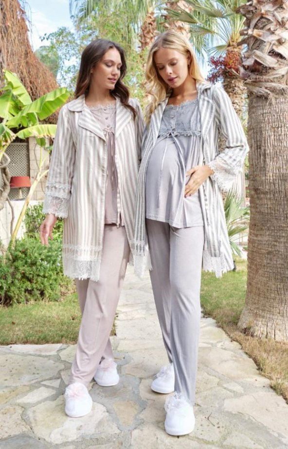 Bone Club 5601 Gri Dokuma Çizgili 3 Lü Hamile Lohusa Pijama Sabahlık Tk