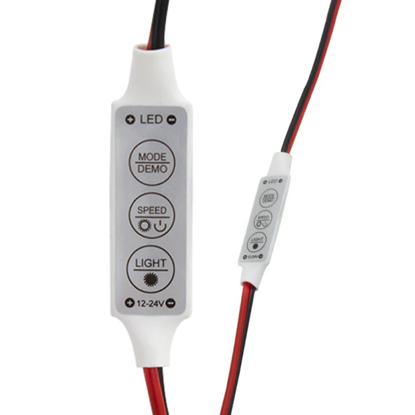 Powermaster 12-24 Volt Mini Üç Tuşlu Tek Renkli Led Kontrol Cihazı Kırmızı Siyah Kablo