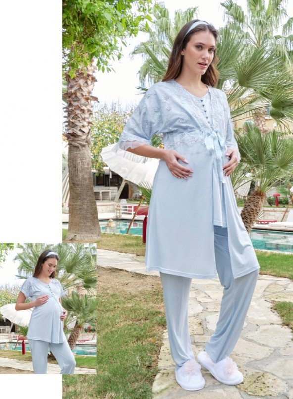 Bone Club 5605 Mavi V Yaka 3Lü Hamile Lohusa Pijama Sabahlık Tk - 2