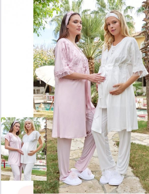 Bone Club 5605 Ekru V Yaka  3Lü Hamile Lohusa Pijama Sabahlık Tk - Resim 2