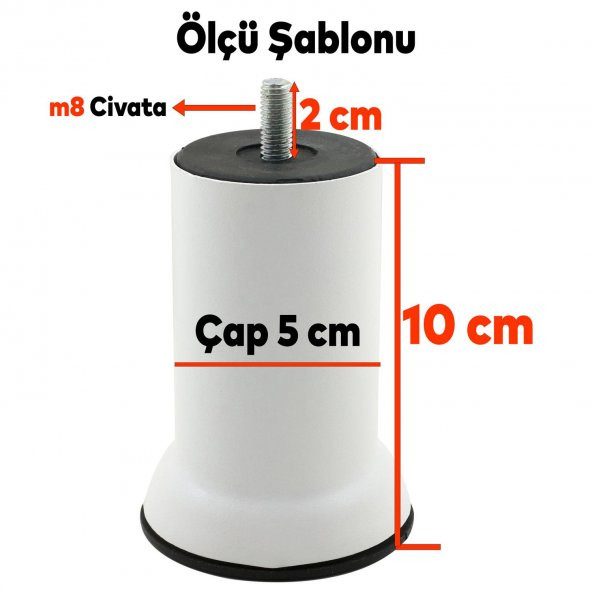 Mobilya Metal Kanepe Yatak Baza Koltuk Orta Destek Ayağı M8 Civata Beyaz Metal Ayak 10 Cm - Resim 3