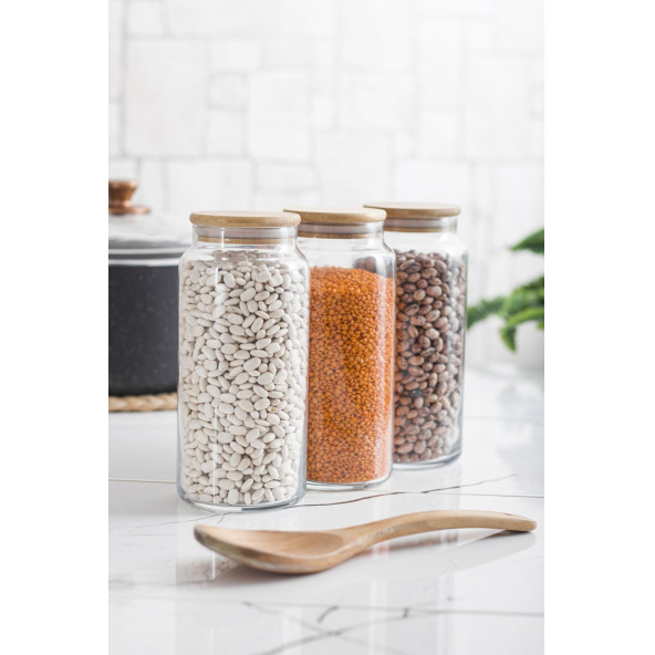 3 Lü Set Bambu Kapaklı Cam Kavanoz
