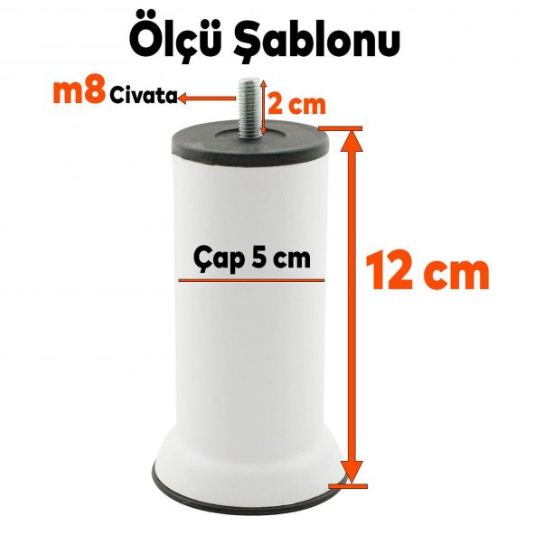 Mobilya Metal Yatak Kanepe Baza Koltuk Orta Destek Ayağı M8 Civata Beyaz Metal Ayak 12 Cm - Resim 2