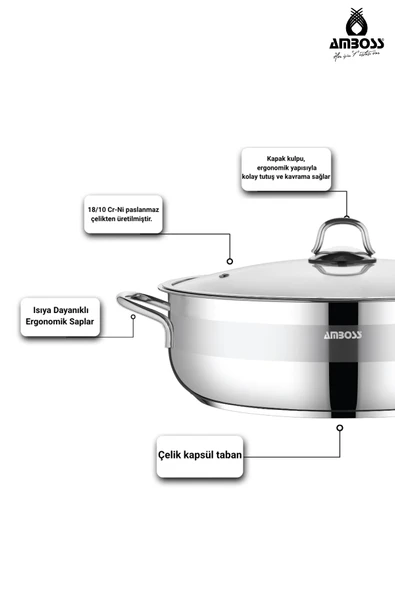 Saphire Paslanmaz Çelik 28x8 cm Cam Kapaklı Basık Tencere - Resim 2