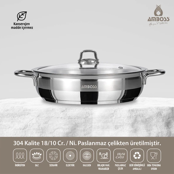 Saphire Paslanmaz Çelik Cam Kapaklı Basık Tencere 28x08 cm