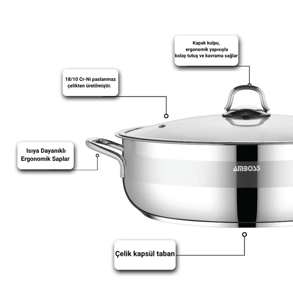 Saphire Paslanmaz Çelik 26 cm Cam Kapaklı Basık Tencere - Resim 2