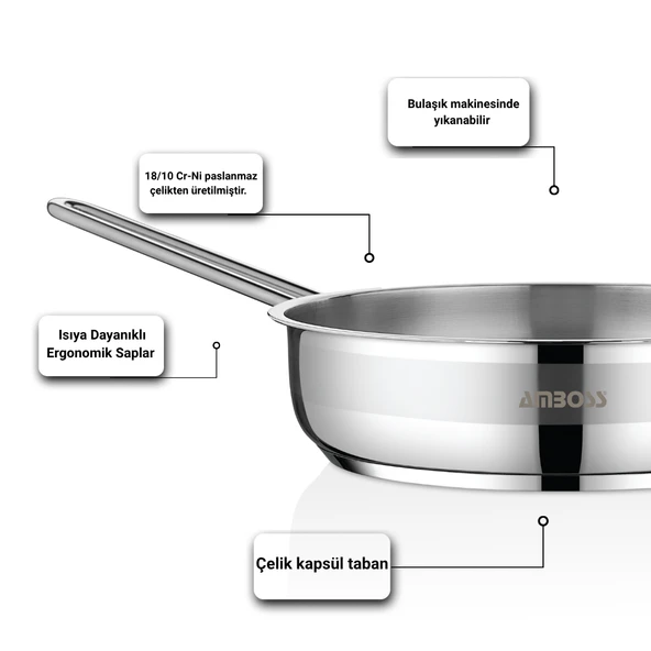 Saphire Paslanmaz Çelik 20 cm Kapaksız Çelik Tava - Resim 3
