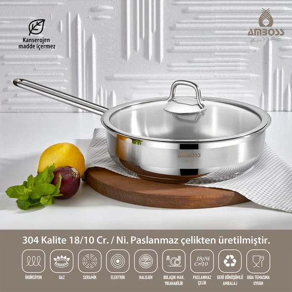 Saphire Paslanmaz Çelik Cam Kapaklı Çelik Tava 28X08 cm