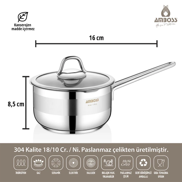Cool Paslanmaz Çelik İndüksiyon Tabanlı Sütlük, Sosluk - 16 cm  Cam Kapaklı - 2