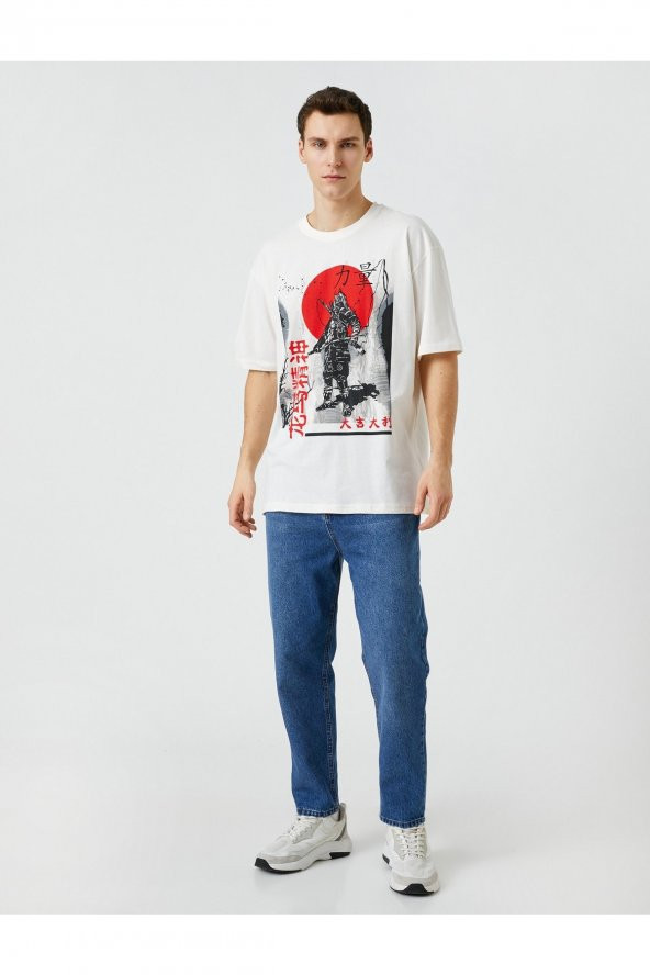 Oversize Tişört Uzakdoğu Baskılı Bisiklet Yaka Kısa Kollu - Resim 2