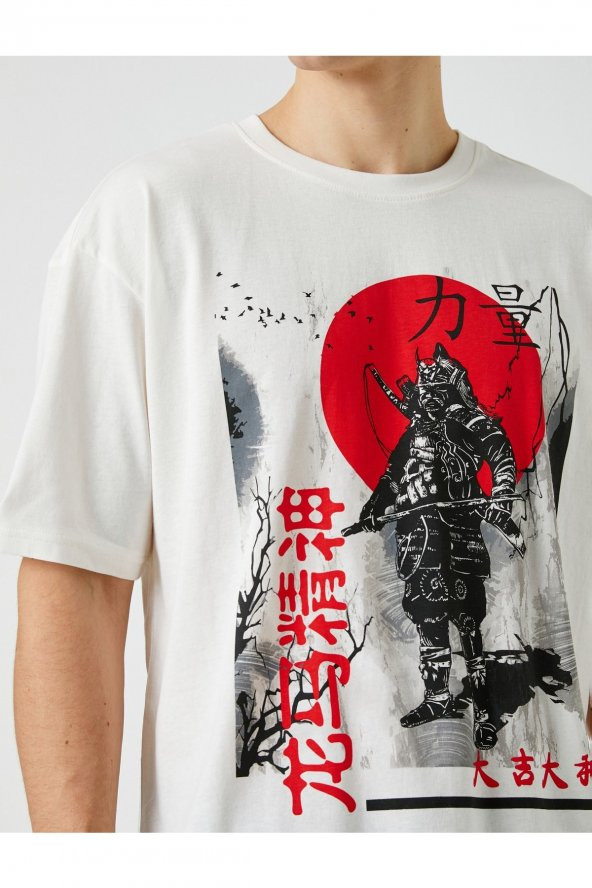 Oversize Tişört Uzakdoğu Baskılı Bisiklet Yaka Kısa Kollu - Resim 5