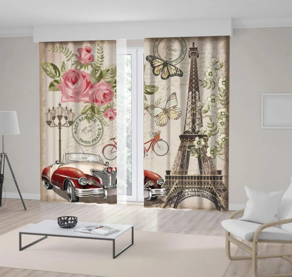 Baskılı Fon Perde Paris Desenli Kırmızı Arabalı Retro Eskitme