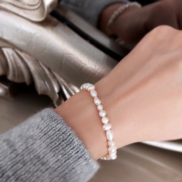 Vaoov 925 Ayar Gümüş Doğal Gerçek İnci Bileklik - Resim 5