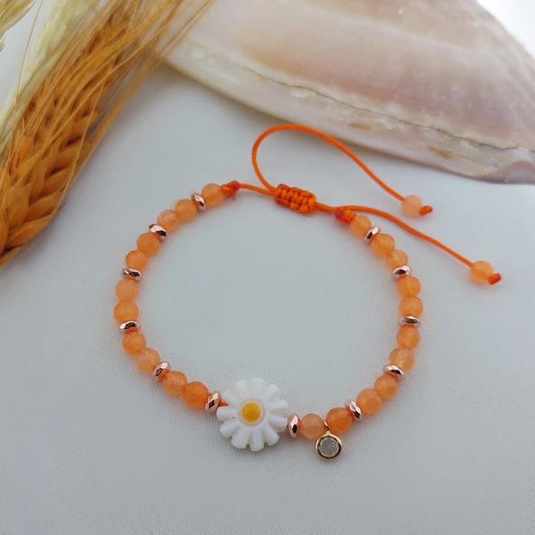 Vaoov 925 Ayar Gümüş Turuncu Kuvars Taşlı Papatya Bileklik - Resim 4