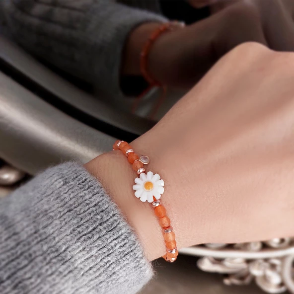 Vaoov 925 Ayar Gümüş Turuncu Kuvars Taşlı Papatya Bileklik - Resim 3