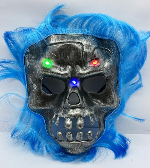 Mavi Saçlı Led Işıklı Kuru Kafa İskelet Korku Maskesi 22x25 cm (579)