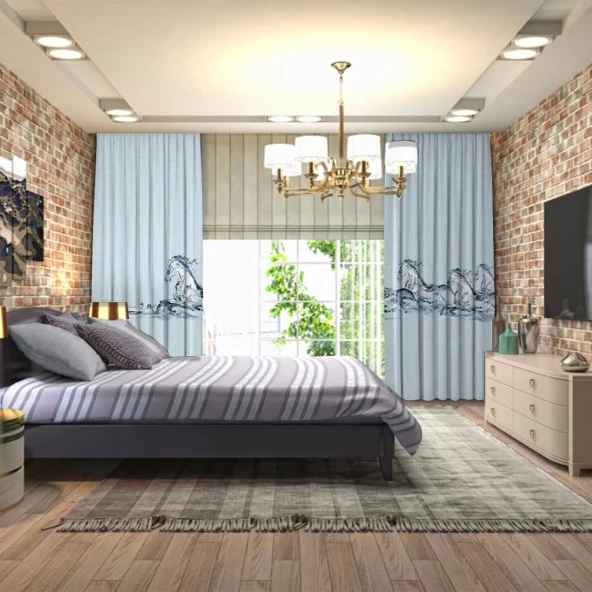 Baskılı Fon Perde Bir Grup At Görseli Su Etkili Desenli - Resim 3