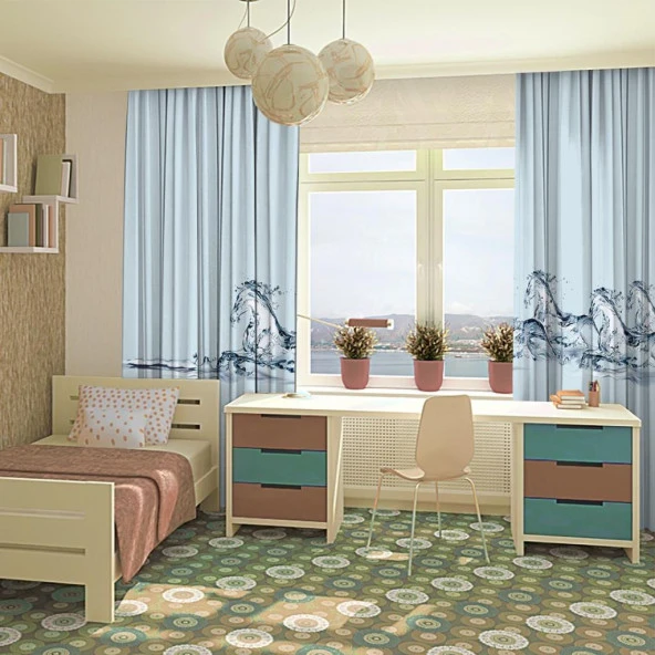 Baskılı Fon Perde Bir Grup At Görseli Su Etkili Desenli - Resim 4