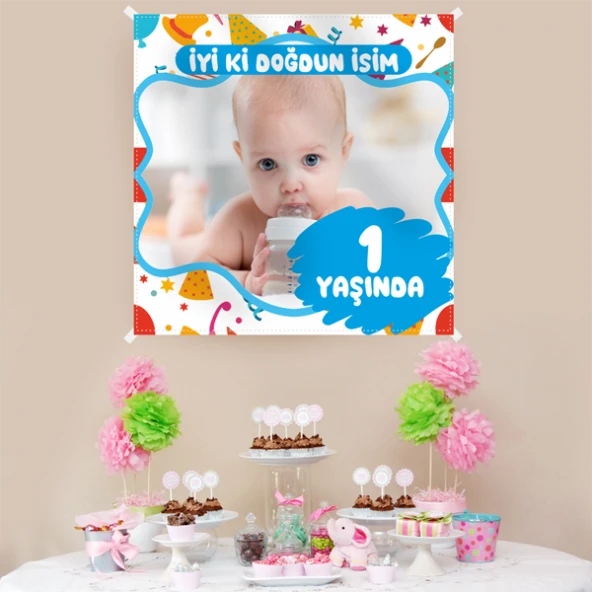 Kişiye Özel Resimli Doğum Günü Kumaş Afiş 150x150 cm - 2