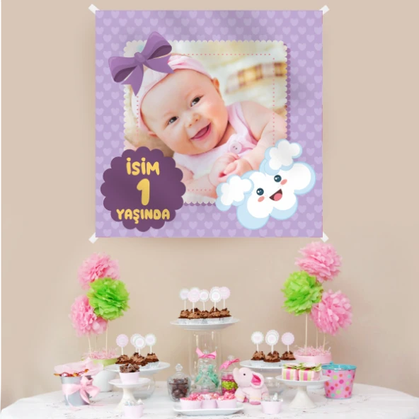 Kişiye Özel Resimli Doğum Günü Kumaş Afiş 150x150 cm - 2