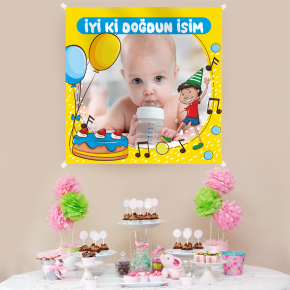 Kişiye Özel Resimli Doğum Günü Kumaş Afiş 150x150 cm