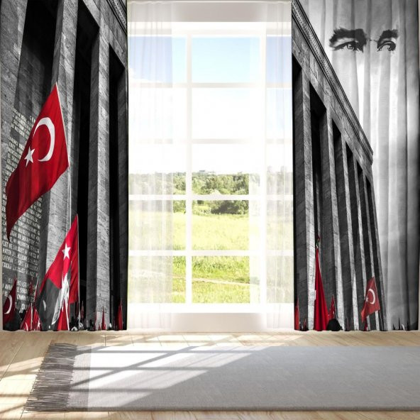 Baskılı Fon Perde Anıtkabir Kırmızı Bayraklı Atatürk Desenli - 2
