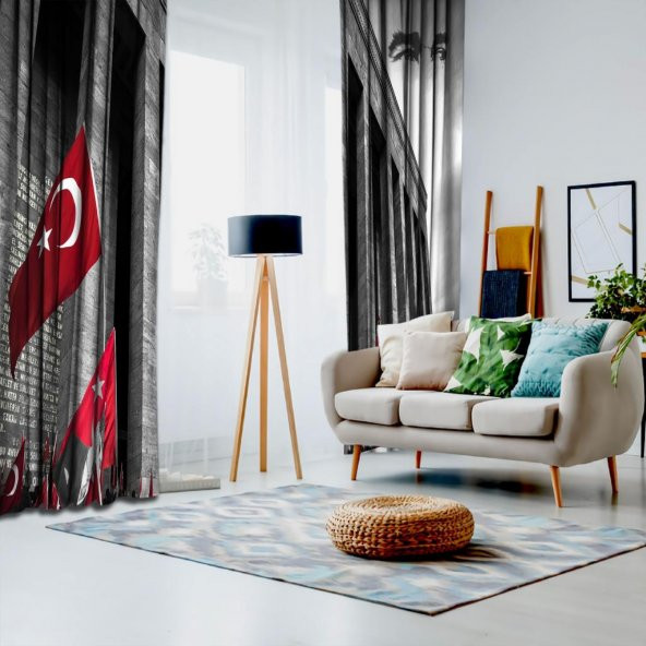 Baskılı Fon Perde Anıtkabir Kırmızı Bayraklı Atatürk Desenli - 3
