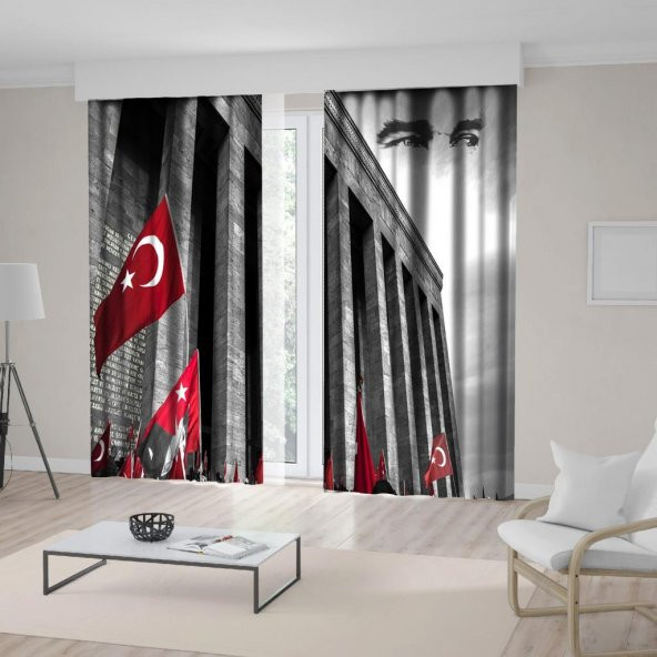 Baskılı Fon Perde Anıtkabir Kırmızı Bayraklı Atatürk Desenli - 4