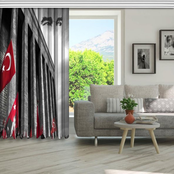 Baskılı Fon Perde Anıtkabir Kırmızı Bayraklı Atatürk Desenli - 5