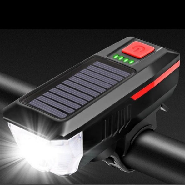 Solar Enerjili USB ile Şarj Edilebilir Ledli Bisiklet Feneri Kornalı ve Su Geçirmez Far (579)