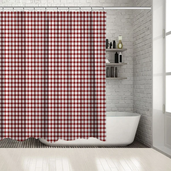 Baskılı Duş Perde Küçük Kare Tartan Ekose Desen Kırmızı Renk