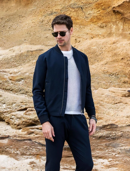 CEKMON Erkek Regular Fit Bomber Yaka Bürümcük Kumaş Ekstra Rahat Ve Hafif Spor Ceket - 10