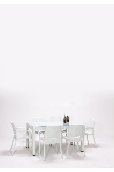 SANDALİE Rattan Large Lüx Camlı Beyaz Masa Takımı Bahçe&balkon 1 Camlı Masa + 6 Sandalye