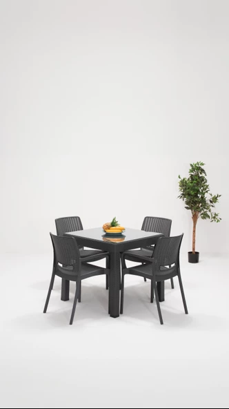 SANDALİE Rattan Camlı Lüx 80x80 Bahçe&Balkon&Teras Masa Seti - Antrasit - 2