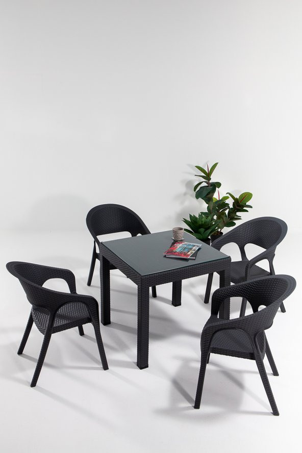 SANDALİE Garden Camlı 80x80 Bahçe&Balkon&Teras Masa Seti - Antrasit