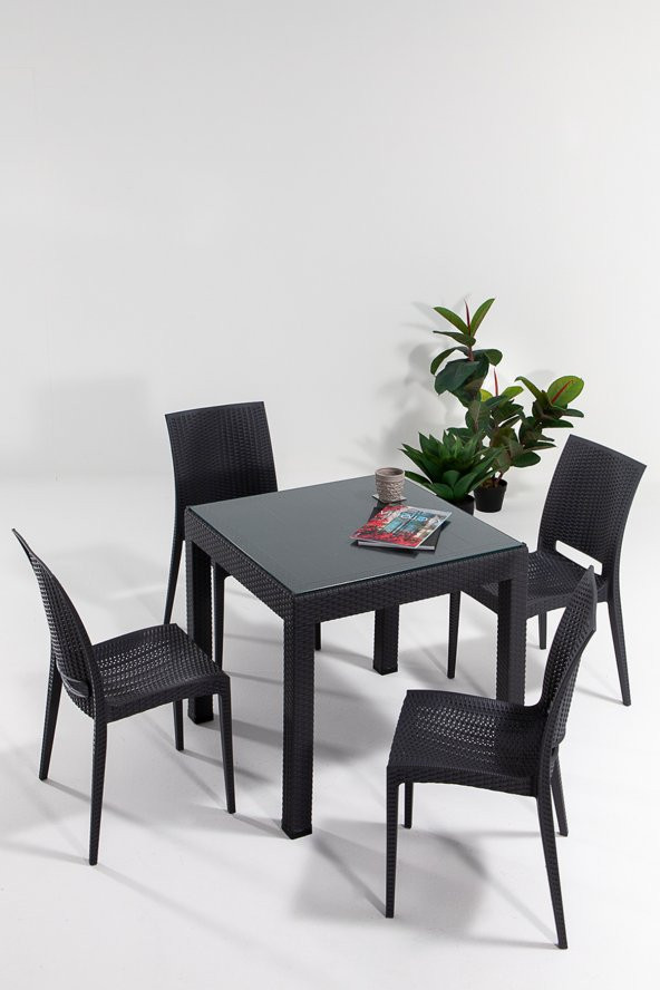 SANDALİE Rattan Camlı 80x80 Bahçe&Balkon&Teras Masa Seti - Antrasit