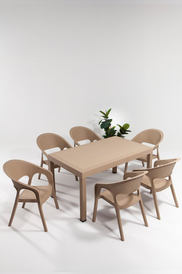 SANDALİE Garden Large Rattan Cappucino Masa Takımı Bahçe&Balkon - 1 Masa 6 Sandalye