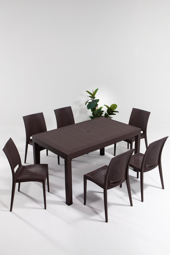 SANDALİE Rattan Large Kahve Masa Takımı Bahçe&Balkon 1 Masa + 6 Sandalye