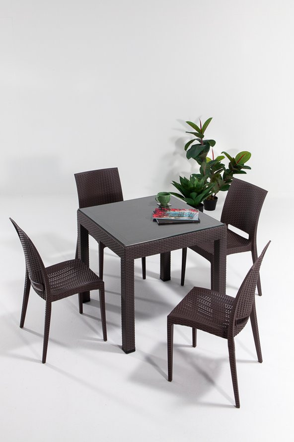 SANDALİE Rattan Small Camlı Kahve Masa Takımı Bahçe&balkon 1 Camlı Masa + 4 Sandalye