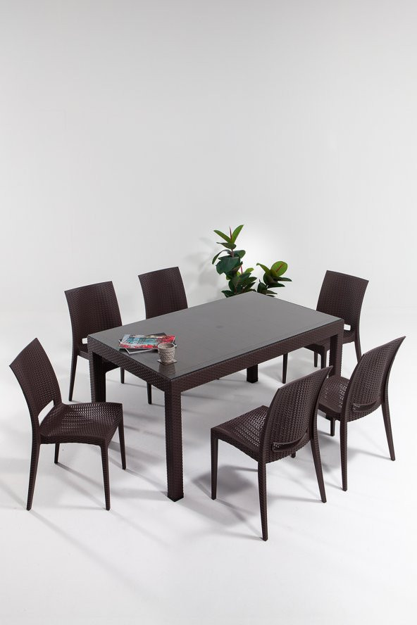 SANDALİE Rattan Large Camlı Kahve Masa Takımı Bahçe&balkon 1 Camlı Masa + 6 Sandalye