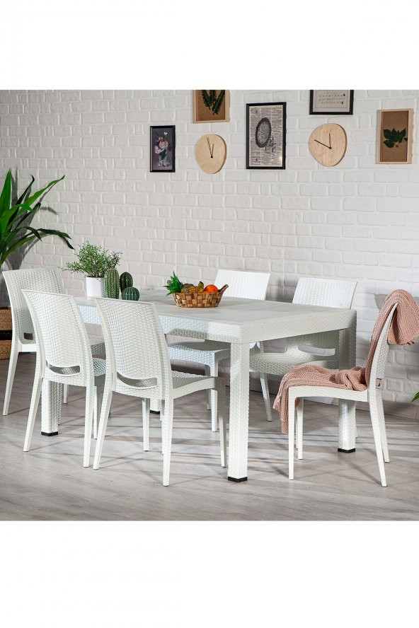 SANDALİE Rattan Dikdörtgen Beyaz Masa Takımı Bahçe&Balkon