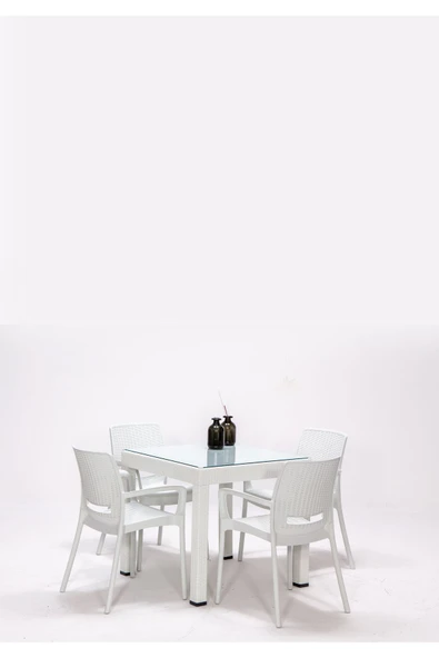 SANDALİE Rattan Small Lüx Camlı Beyaz Masa Takımı Bahçe&balkon 1 Camlı Masa + 4 Sandalye