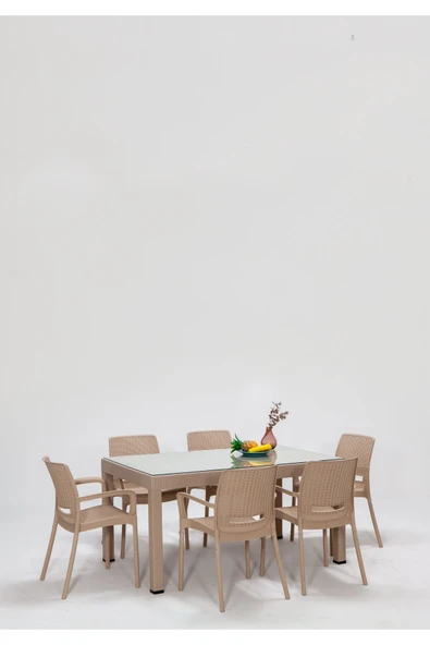 SANDALİE Rattan Large Lüx Camlı Cappucino Masa Takımı Bahçe&balkon 1 Camlı Masa + 6 Sandalye