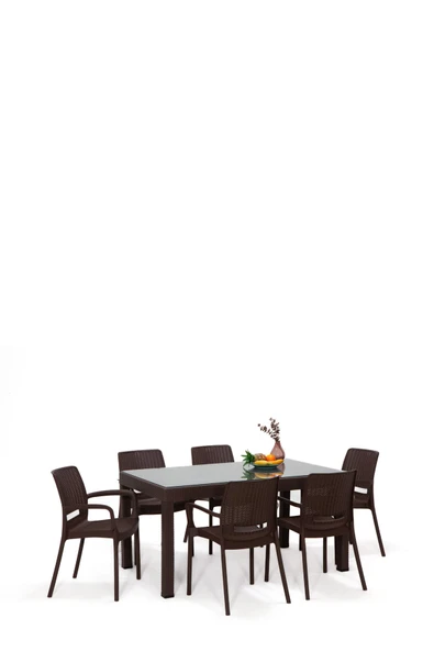 Sandalie Rattan Large Lüx Camlı Kahve Masa Takımı Bahçe&balkon 1 Camlı Masa + 6 Sandalye
